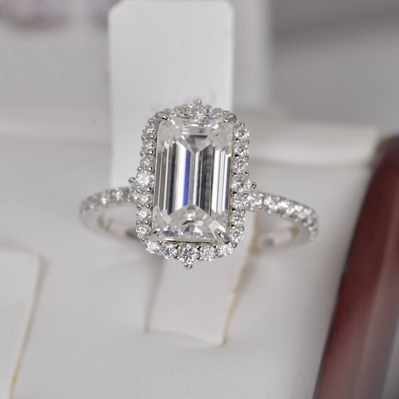 Real Moissanite Diamond 8.35tcw Emerald Cut Full Eternity Engagement Ring 925 - Picture 1 of 9